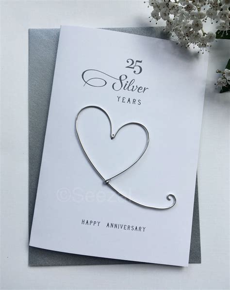 25th SILVER Wedding Anniversary Art Card With Real Silver 25 Years Can ...