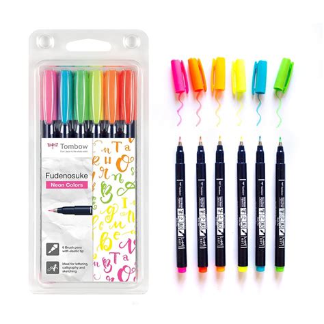 Tombow Fudenosuke Hard Tip Brush Pens (Set Of 6)-Neon Colours,Assorted ...
