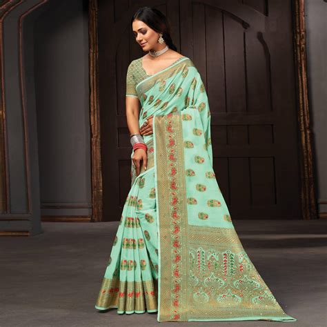 Sea Green Festive Wear Woven Cotton Saree