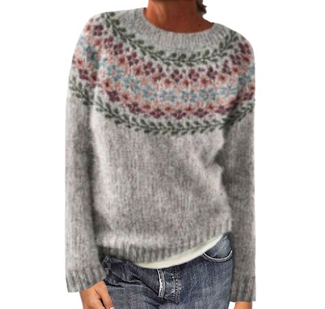 AGWOLF Women's Fair Isle Sweater Vintage Long Sleeve Crewneck Sweater ...
