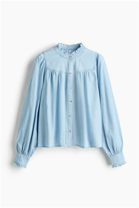 Ruffle-Trimmed Denim Blouse - Light denim blue - Ladies | H&M US