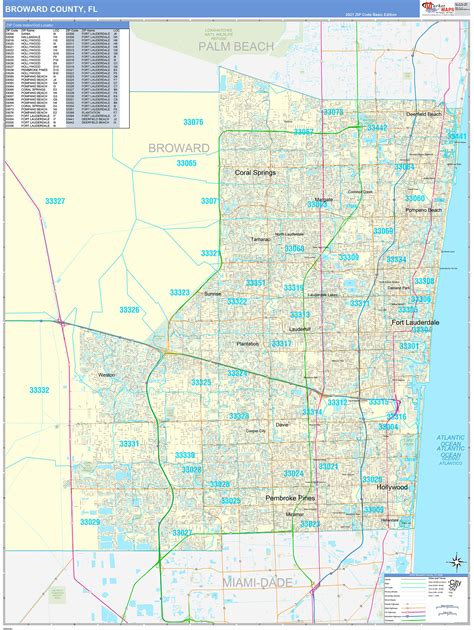 Broward County, FL Zip Code Wall Map Basic Style by MarketMAPS - MapSales