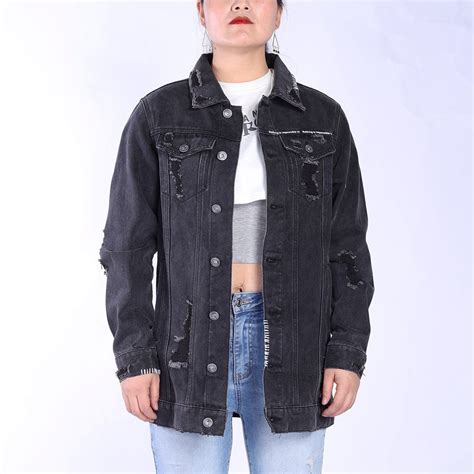 Custom Black Denim Breathable Full Length Long Sleeve Frayed Ripped ...