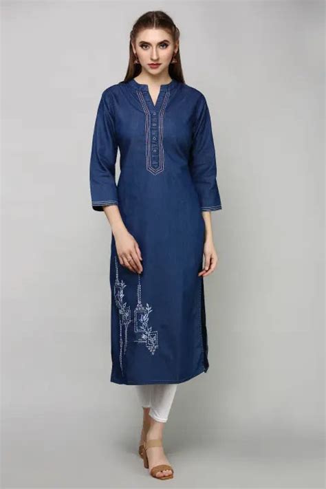 Blue Denim Embroidered Kurta – Havva Fashion