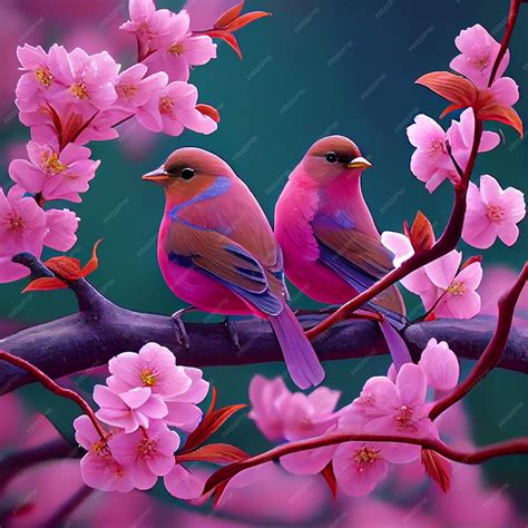 Premium Photo | Two cute birds perched on cherry blossom tree branch ...