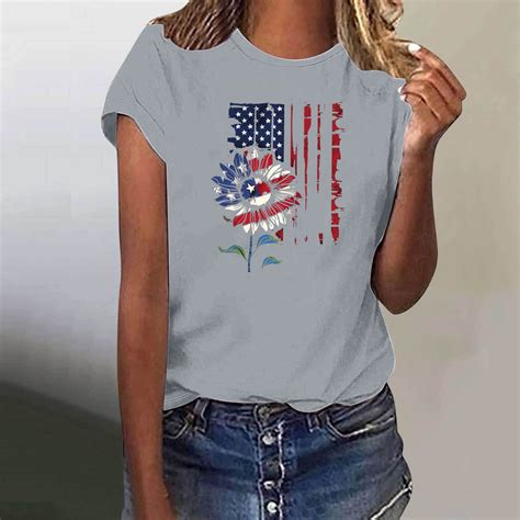 Fartey Red White and Blue Shirts for Women American Flag Sunflower ...
