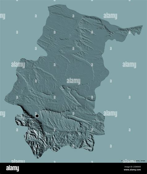 Shape of Vratsa, province of Bulgaria, with its capital isolated on a solid color background ...
