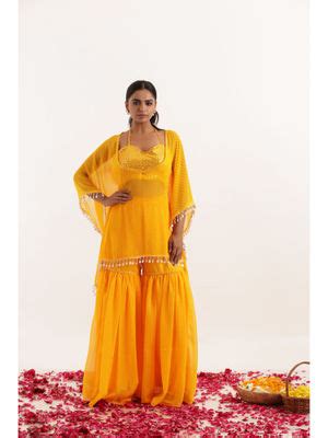 Buy DEASHA INDIA Raya Yellow Mothra Kaftan Style Top with Sharara and ...