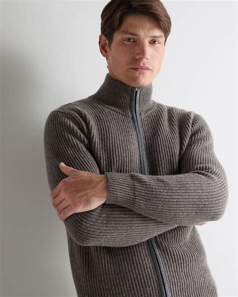 Men's Rib Full Zip Cashmere Cardigan Wood Smoke Brown | N.Peal