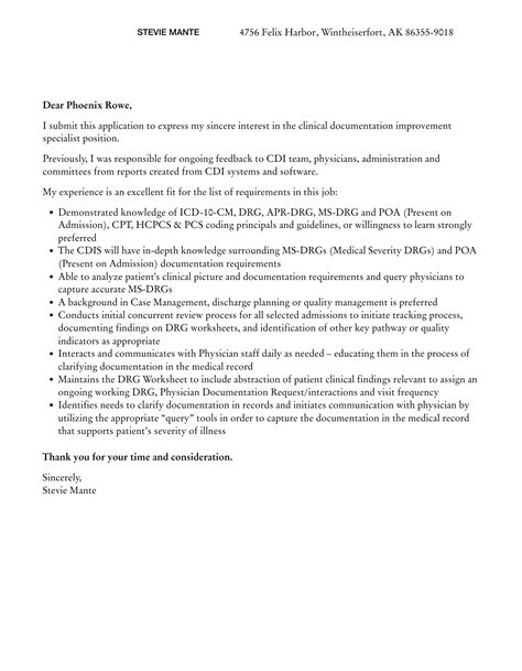 Clinical Documentation Improvement Specialist Cover Letter | Velvet Jobs
