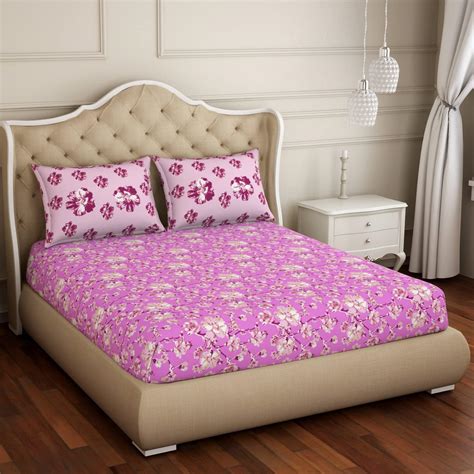 Spaces Atrium White & Purple Floral 1 Cotton Double Bed Sheet with 2 ...