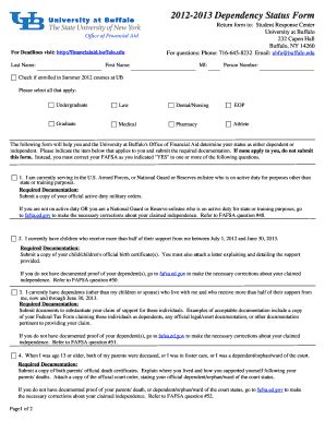 Fillable Online financialaid buffalo 2012-2013 Dependency Status Form ...
