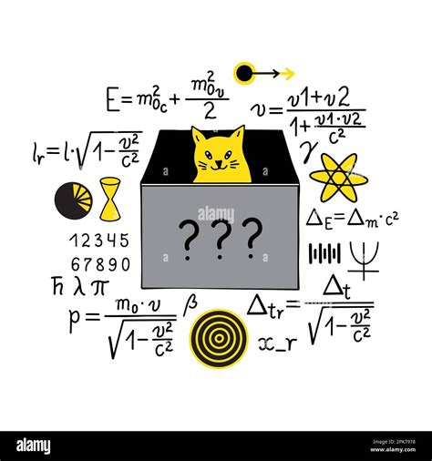 Set of physics formula, symbols, equations and Schrodinger cat isolated on white background ...