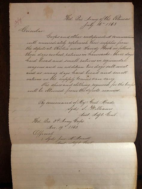 Original Civil War 1863 Circular to Replenish Rations by Command Gen ...