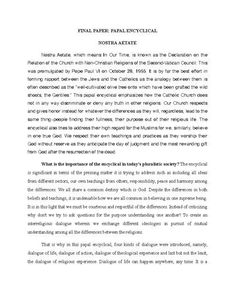 Nostra Aetate - FINAL PAPER: PAPAL ENCYCLICAL NOSTRA AETATE Nostra Aetate, which means In Our ...
