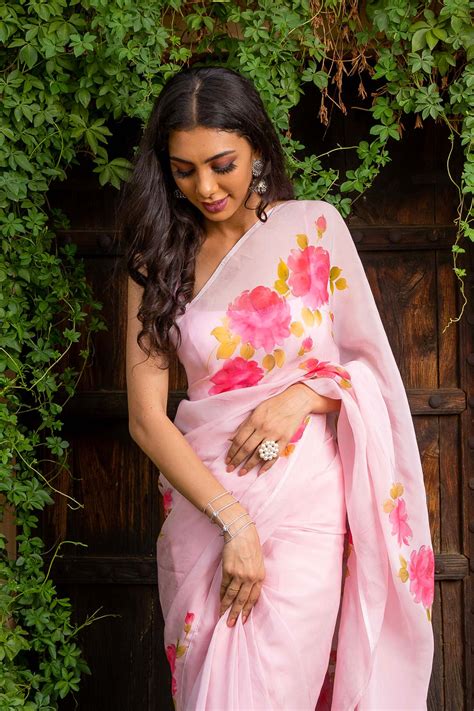 Latest design Hand Painted Organza Rose Garden Saree – Sanjoni