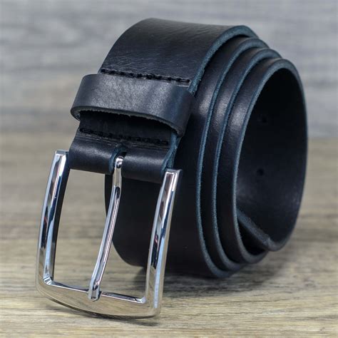 40mm Italian Real Full Grain Mens Leather Belt with Silver Buckle - Black