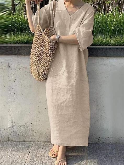 Women's Maxi Dress Faux Cotton Linen Shift Dress Casual Dress Basic ...