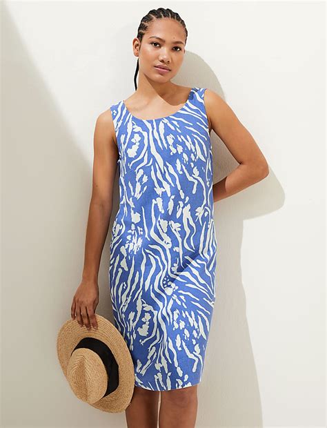 Buy Linen Rich Printed Round Neck Shift Dress at Marks & Spencer