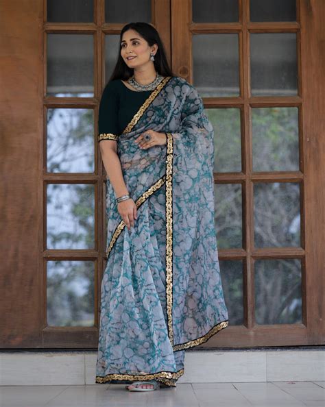 Off-white with Grey Lace Work Flower Print Organza Saree - C