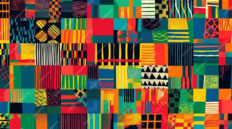A vibrant and colorful Kente cloth pattern featuring various geometric ...