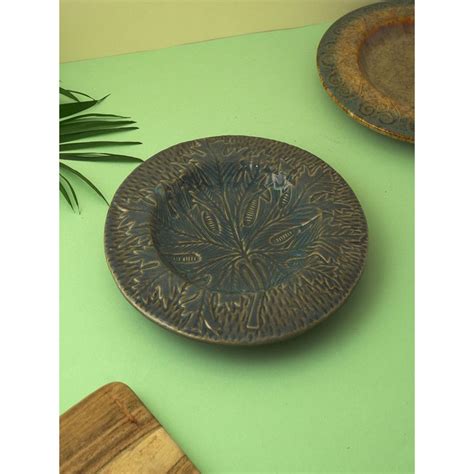 Buy The Decor Mart Ceramic Leaf Engraved Platter- Green Online