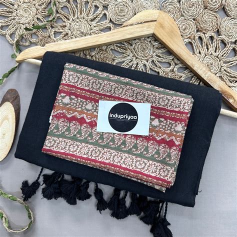 Black Handloom Cotton Saree With Multi Color Print Blouse – indupriyaa