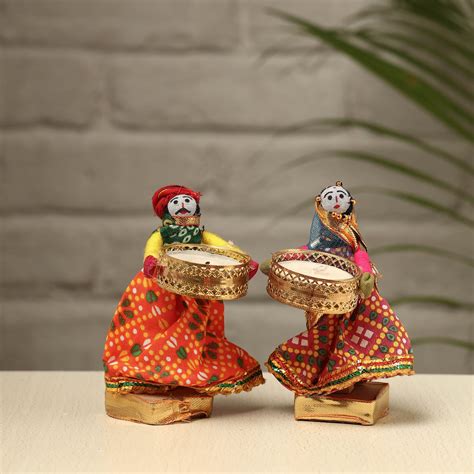 Rajasthani Puppet Couple Handmade Tealight Candle Holders (Set of 2)
