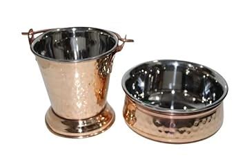 Buy THATHERA Hammered Steel Copper Serving Bucket & Handi 300ml kadai ...
