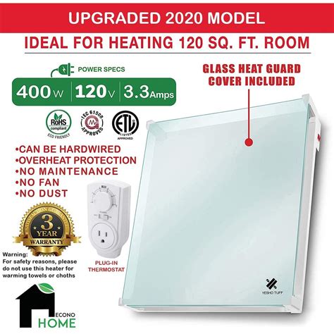 Econohome wall mount space heater panel thermostat glass heat guard ...