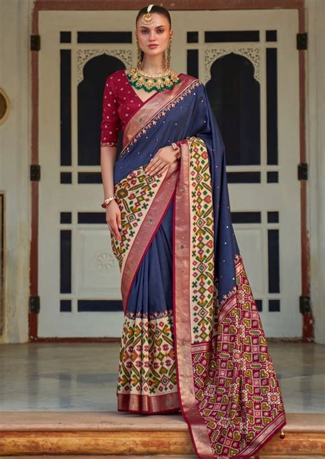 Aari Work Patola Silk Navy Blue Saree Online Shopping – Sunasa