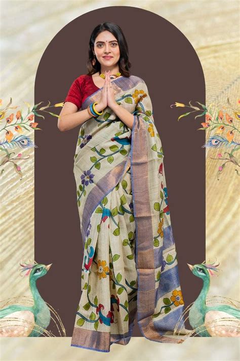 Pure Gachi Tassar Saree Striped Pallu Hand Paint – Bong Trendz