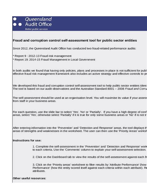 Fraud and Corruption Control Self-Assessment Tool - Blank Fillable ...