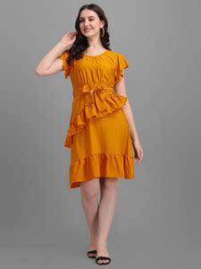 qflax Women A-line Yellow Knee Length Dress - Buy qflax Women A-line ...