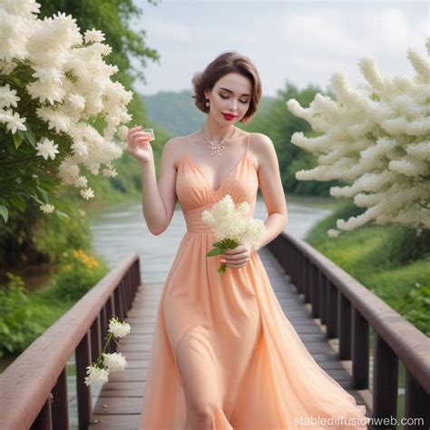 Woman in Light Orange Dress on Bridge | Stable Diffusion Online