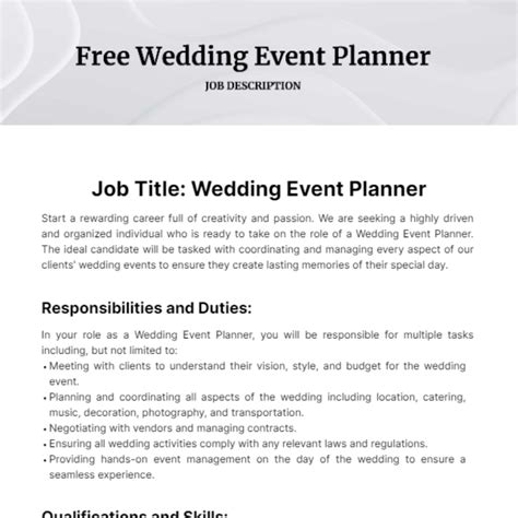 Free Wedding Event Planner Job Description Template to Edit Online