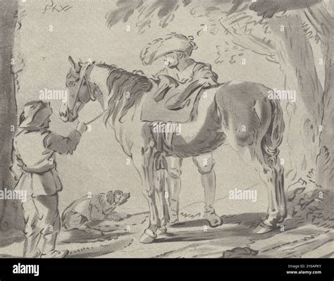 Two men with a horse, One man holds a horse by the reins, while another ...