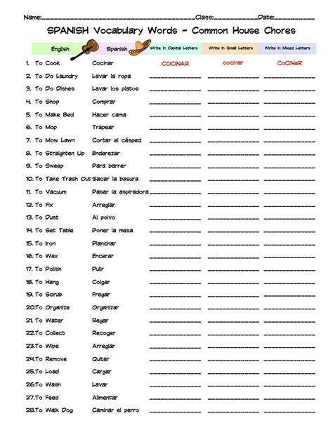Spanish Common House Chores Vocabulary Word List Column Worksheet ...