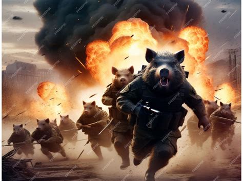 Premium Photo | Pigs in military uniform attack pigs at war