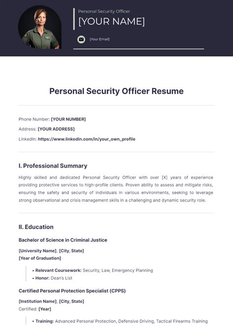 Free Personal Security Officer Resume Template to Edit Online