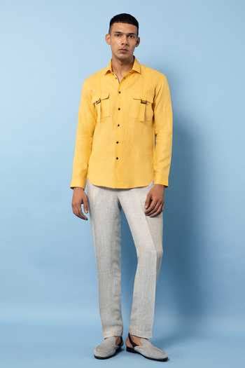 Buy Yellow Linen Button Down Solid Shirt For Men by Rohit Gandhi ...