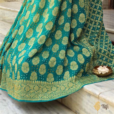Turquoise Blue Ombr√© Pure Georgette Banarasi Bandhani Handloom Saree ...