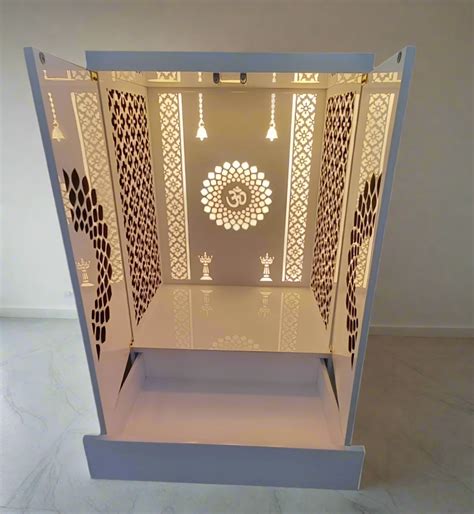 Elegant Wooden Pooja Mandir with Intricate Laser-Cut Design and LED Ba ...