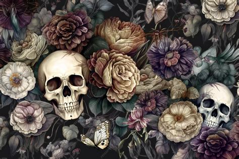 Premium Photo | Vintage floral seamless wallpaper with skulls peonies ...
