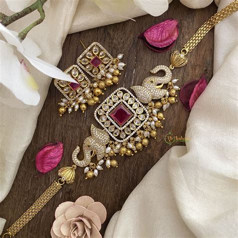 Vriksham Dual Elephant AD Stone High Neck Choker-Red-Gold Bead-G16358 ...