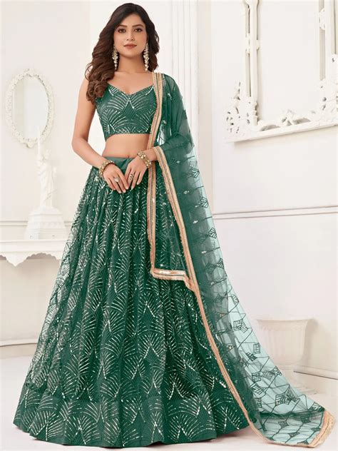 ⚡️Buy Outstanding Green Sequins Net Party Wear Lehenga Choli With ...