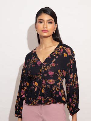 Buy Twenty Dresses by Nykaa Fashion Black Floral Printed V Neck Peplum ...