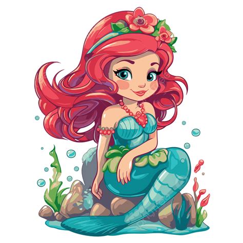 Mermaid Theme Vector, Sticker Clipart Mermaid Girl With Red Hair ...