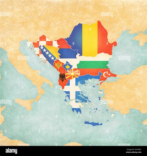 Flags of all countries on the map of Balkans in soft grunge and vintage ...