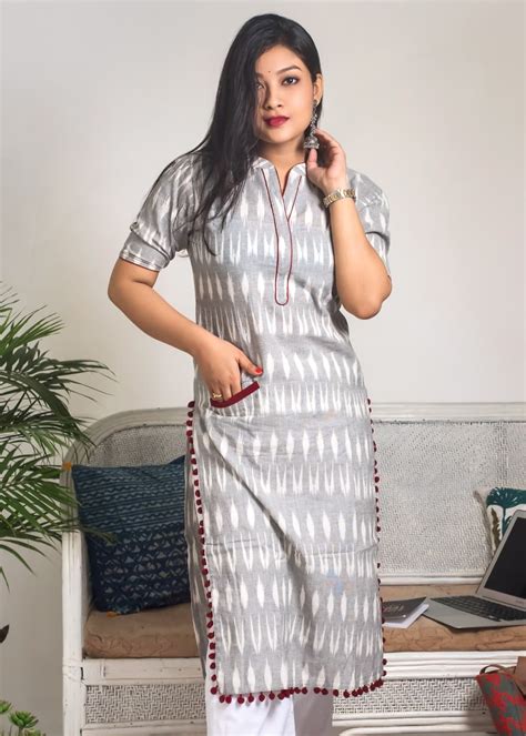 Get Pom-Pom Detail Grey Ikat Straight Kurta at ₹ 1495 | LBB Shop